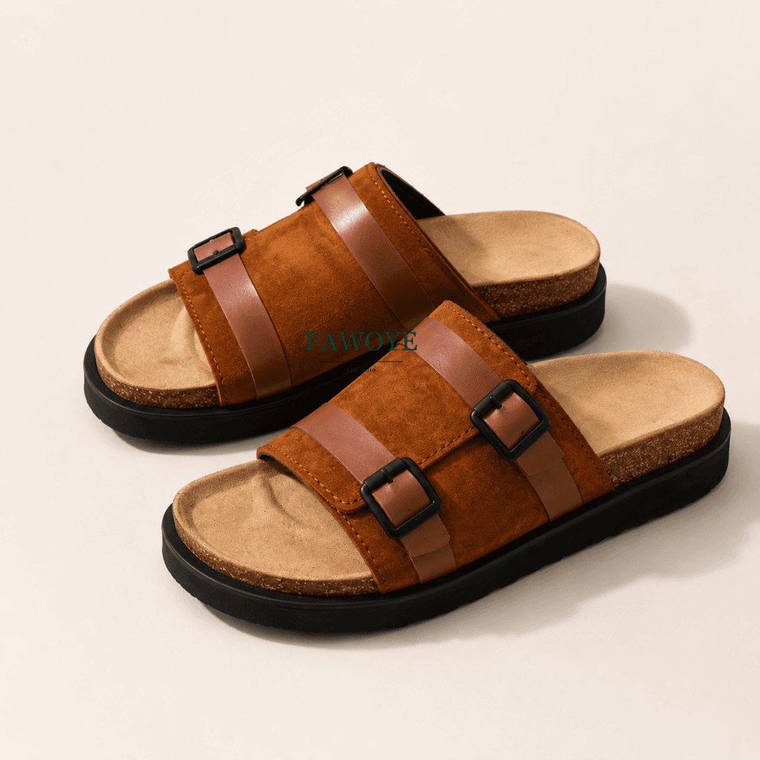 brown double-buckle leather sandals, handmade in Nigeria - FAWOYE handmade shoes Nigeria