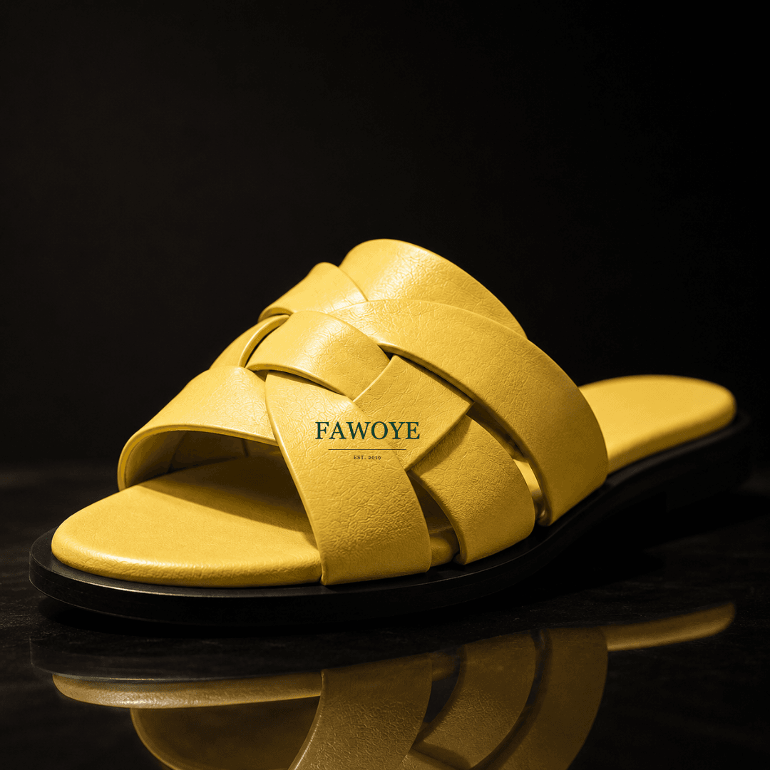woven leather slides in mustard, a relaxed everyday sandal - FAWOYE handmade shoes Nigeria
