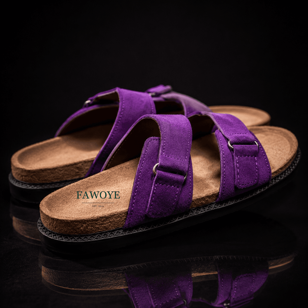 purple leather cross-strap slides, a statement colour - FAWOYE handmade shoes Nigeria
