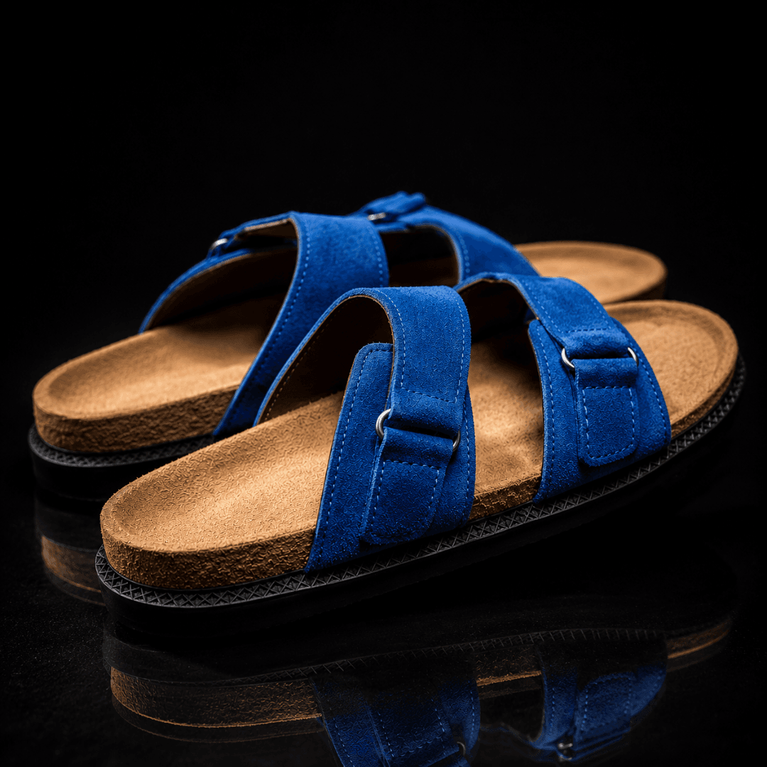 cross-strap slides in blue leather, a versatile everyday sandal - FAWOYE handmade shoes Nigeria