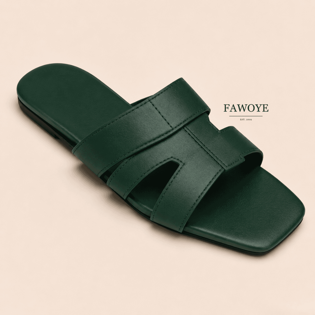 women's green leather slides for everyday and the office - FAWOYE handmade shoes Nigeria