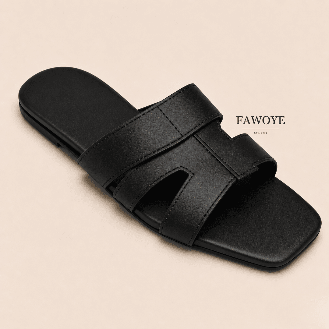 women's black leather slides, a versatile everyday sandal - FAWOYE handmade shoes Nigeria
