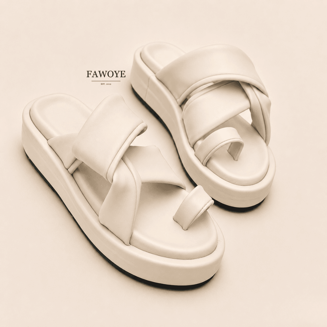 men's cream leather cross-strap slides for everyday wear - FAWOYE handmade shoes Nigeria