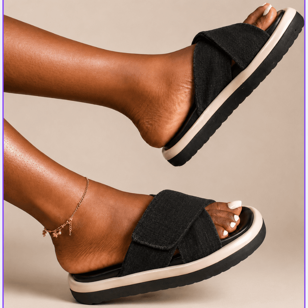 Black denim platform slides for women