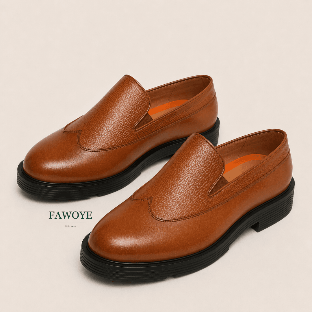 Brown slip-on brogue loafers for tailored chinos