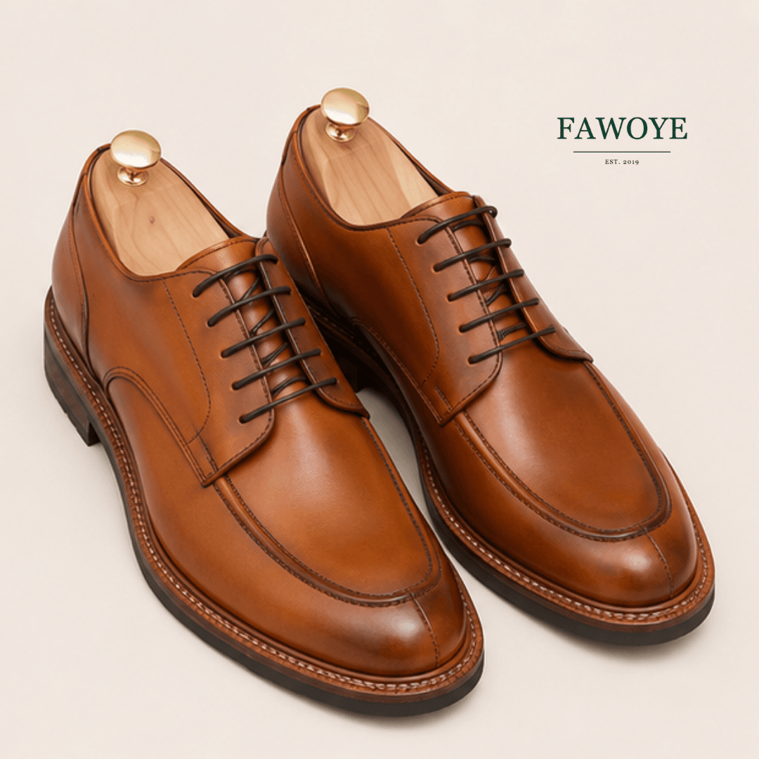 Brown leather lace-up dress shoes for navy and earth-tone outfits
