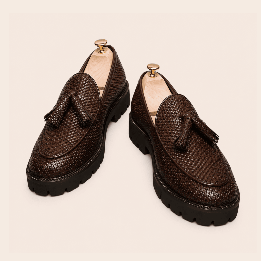 Brown textured tassel loafers for men