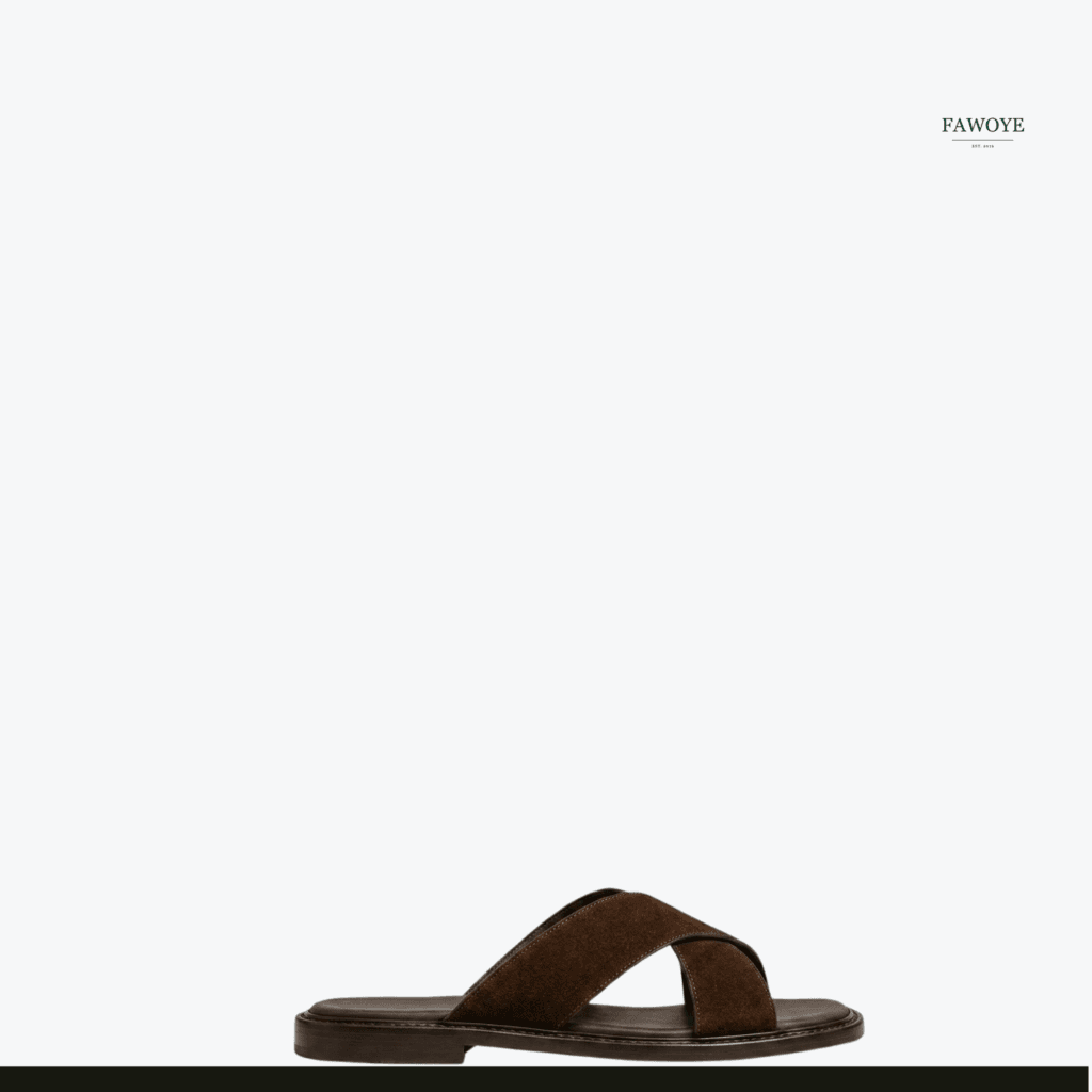 Brown unisex cross-strap slide by FAWOYE