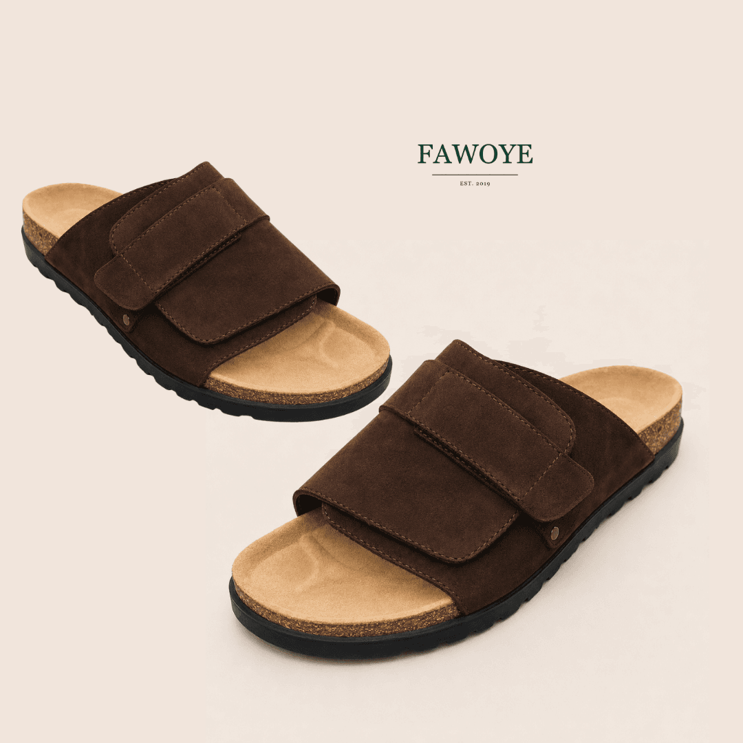 Brown unisex two-strap slide made with suede