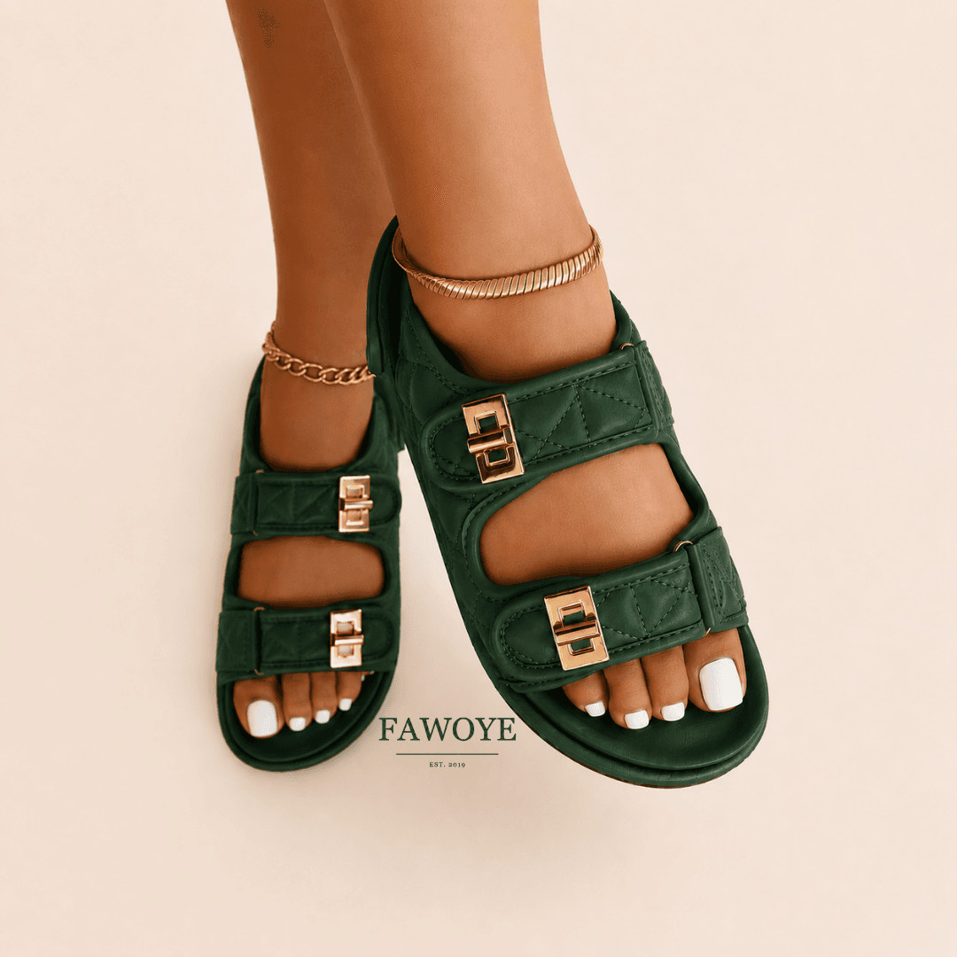 Green quilted buckle sandals for a wedding guest