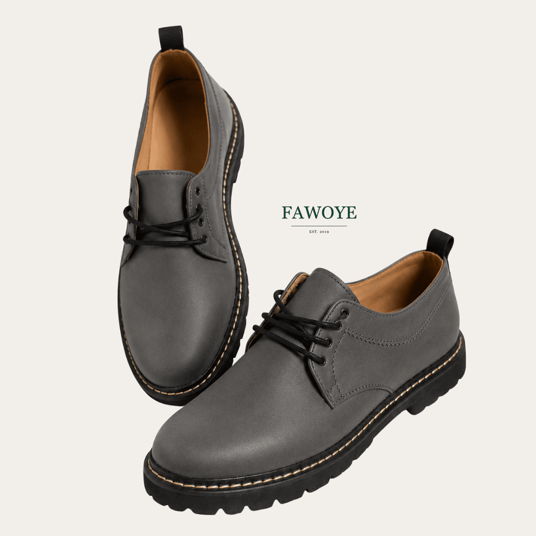 Grey Derby shoes for a smart-casual outfit.