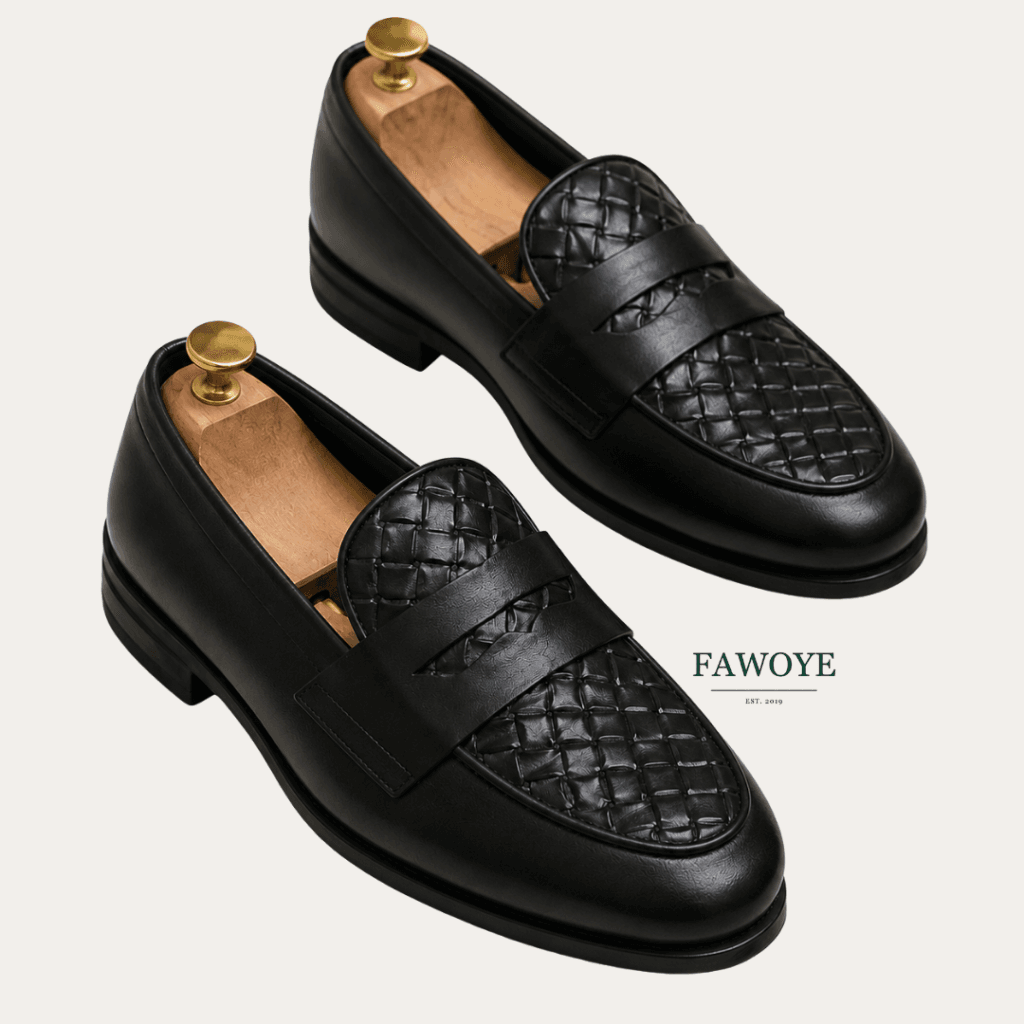 Black woven-leather loafer with a textured upper