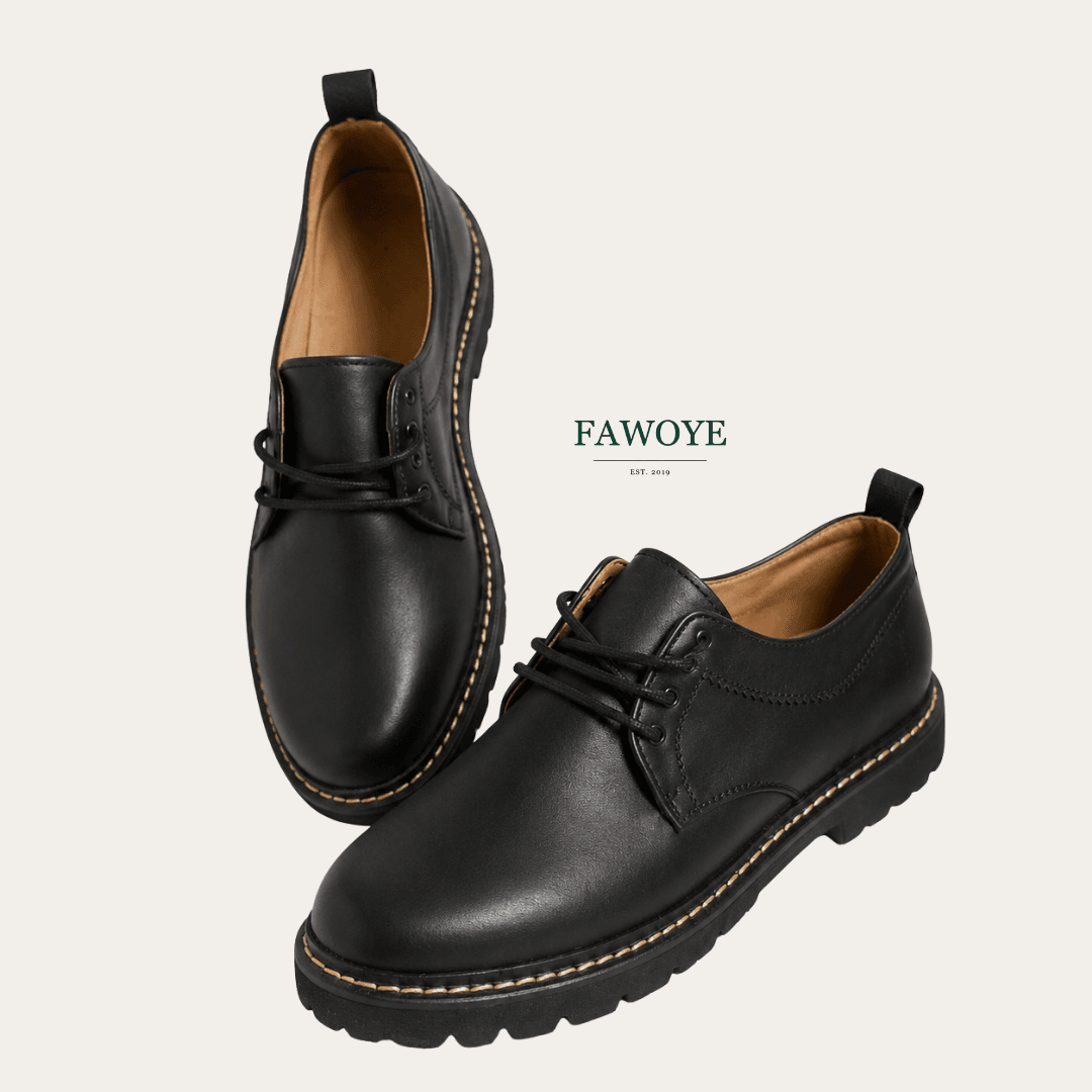 Black Derby shoe showing its open-lacing construction