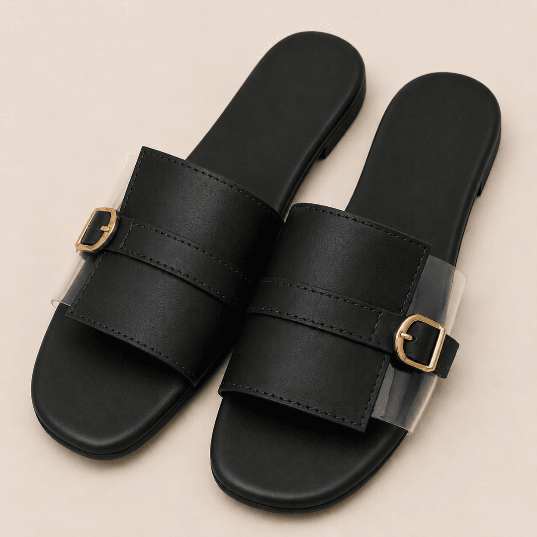 Women’s leather and transparent single-strap slide.