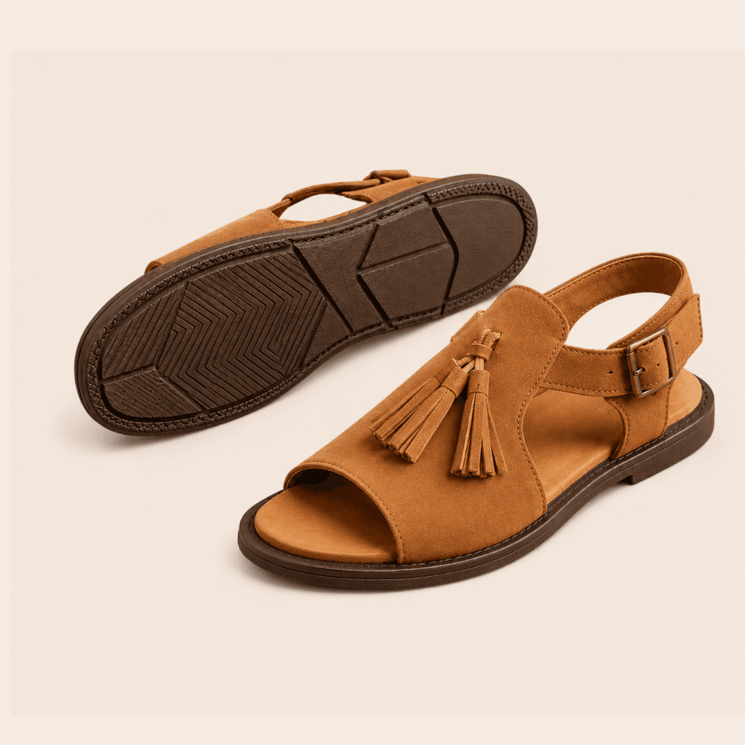 Tan suede fisherman sandals with tassel detail