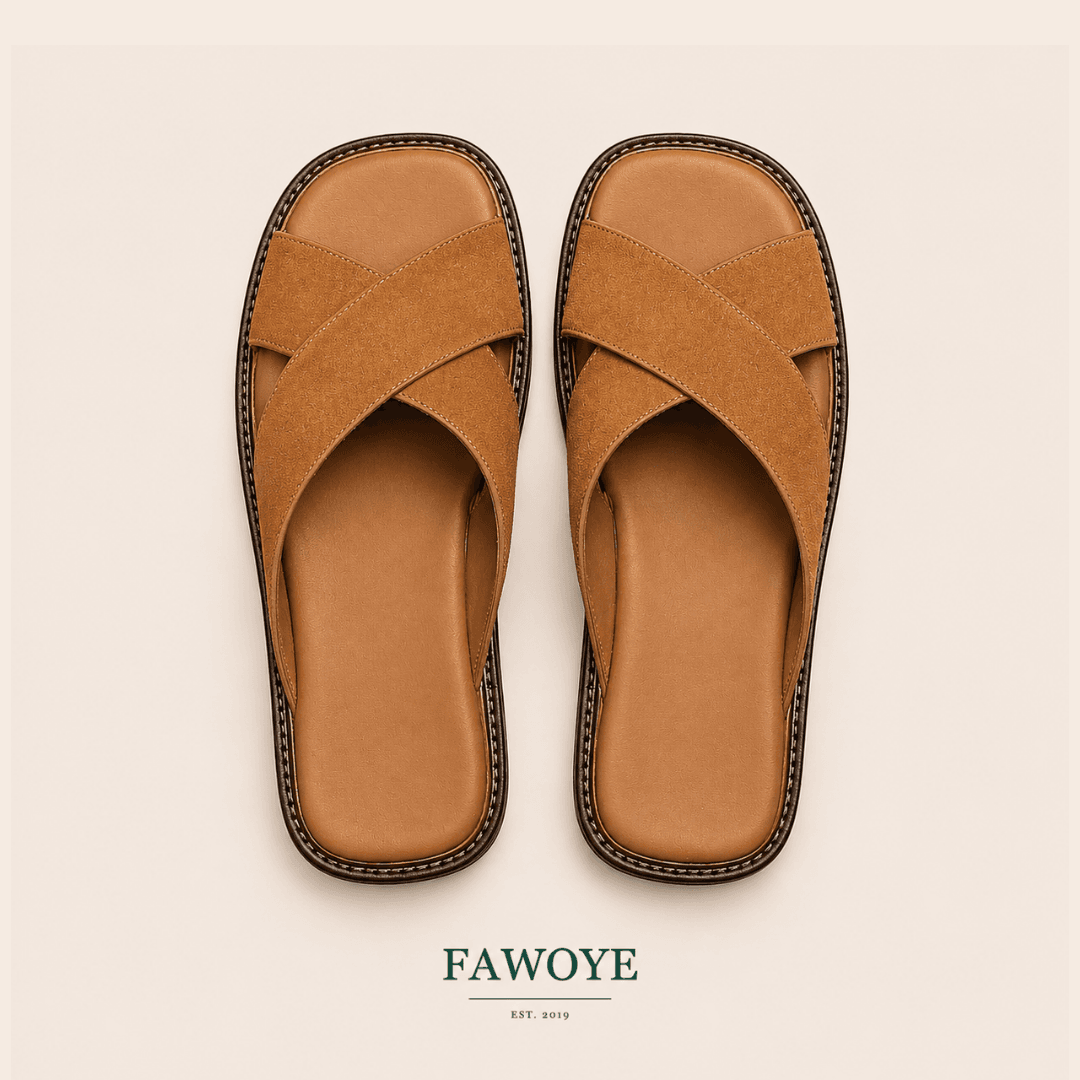 Tan cross-strap slides for men and women