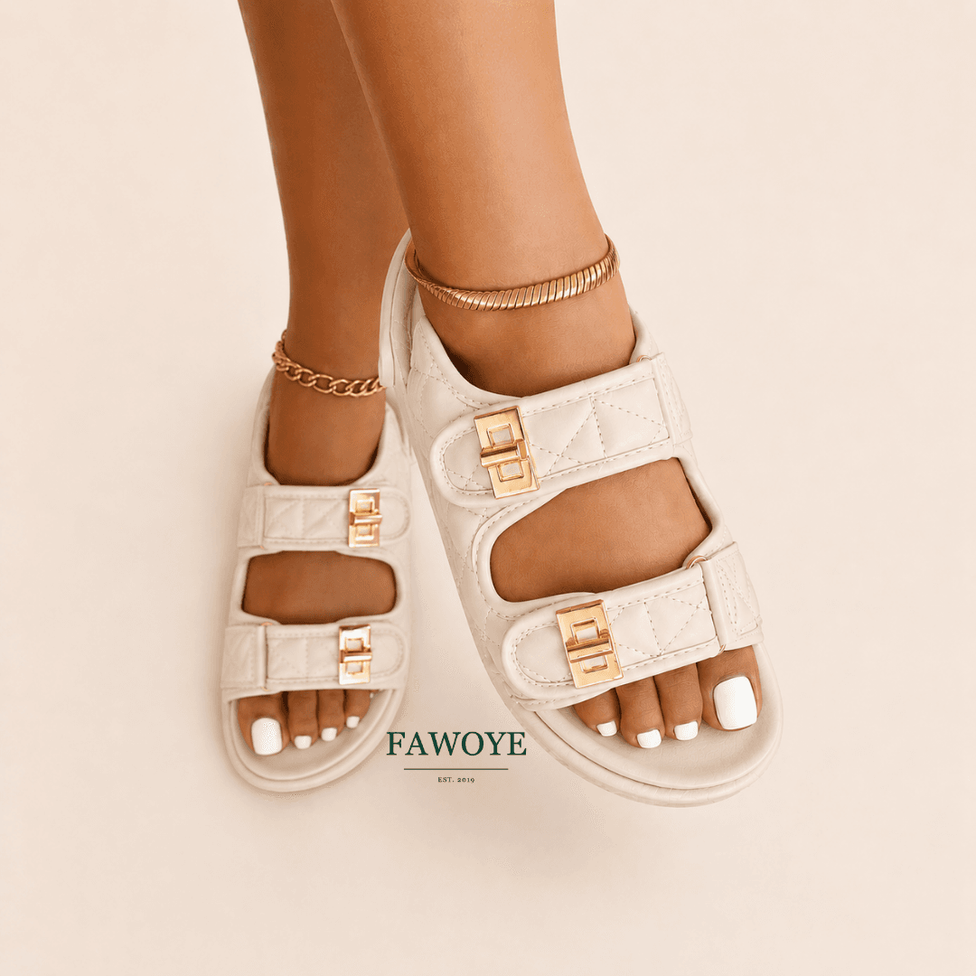 White quilted buckle sandal for bridal comfort