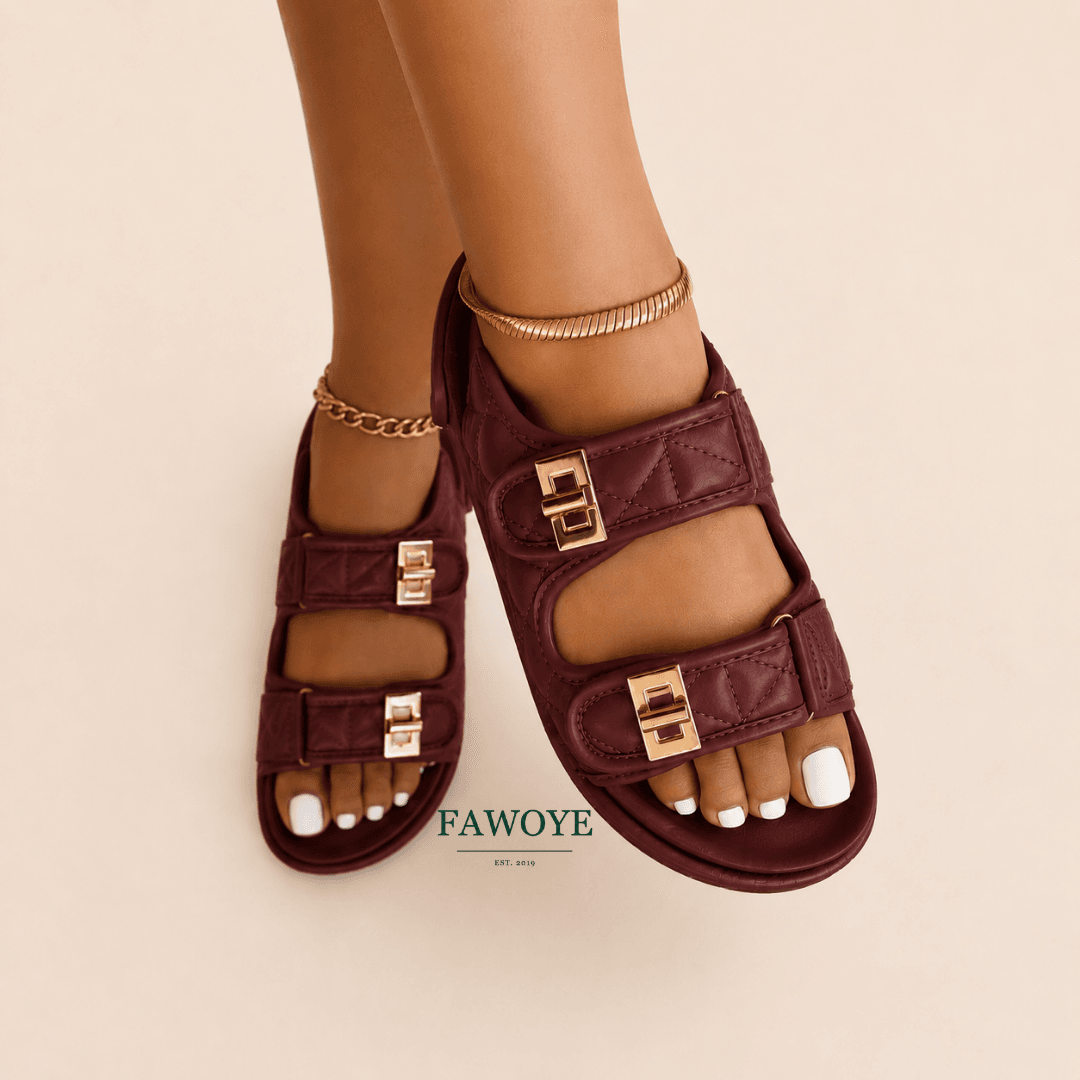 Wine quilted flat sandal for comfortable owambe wear.