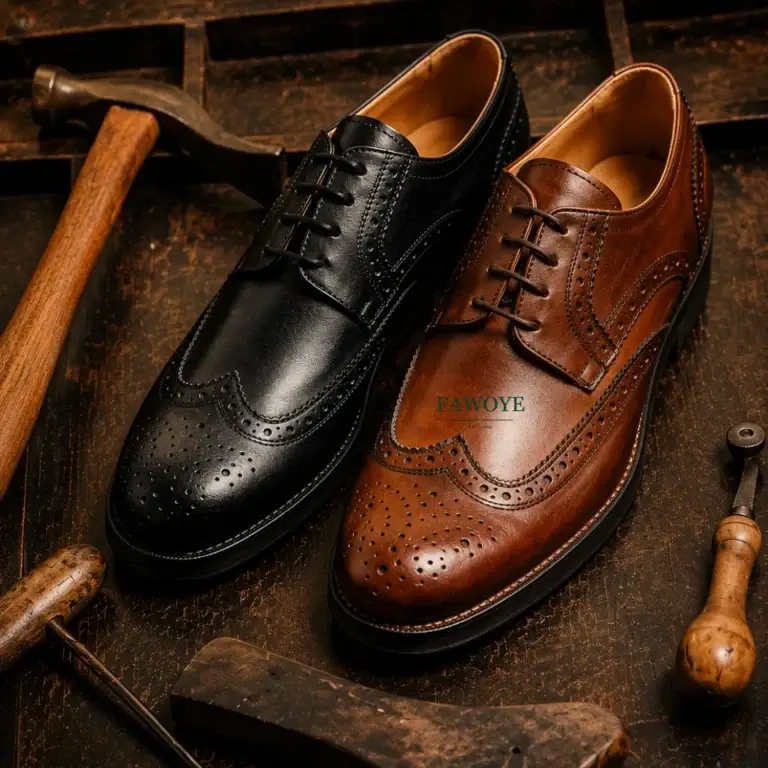 Brown and black wingtip leather brogues handmade by FAWOYE, workshop still life