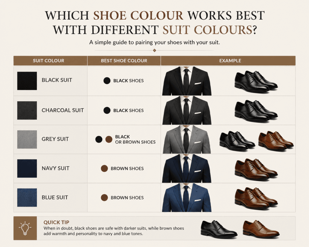 Brown vs black shoes infographic - which shoe colour works best with navy, charcoal, grey, black and blue suits - FAWOYE handmade shoes Nigeria