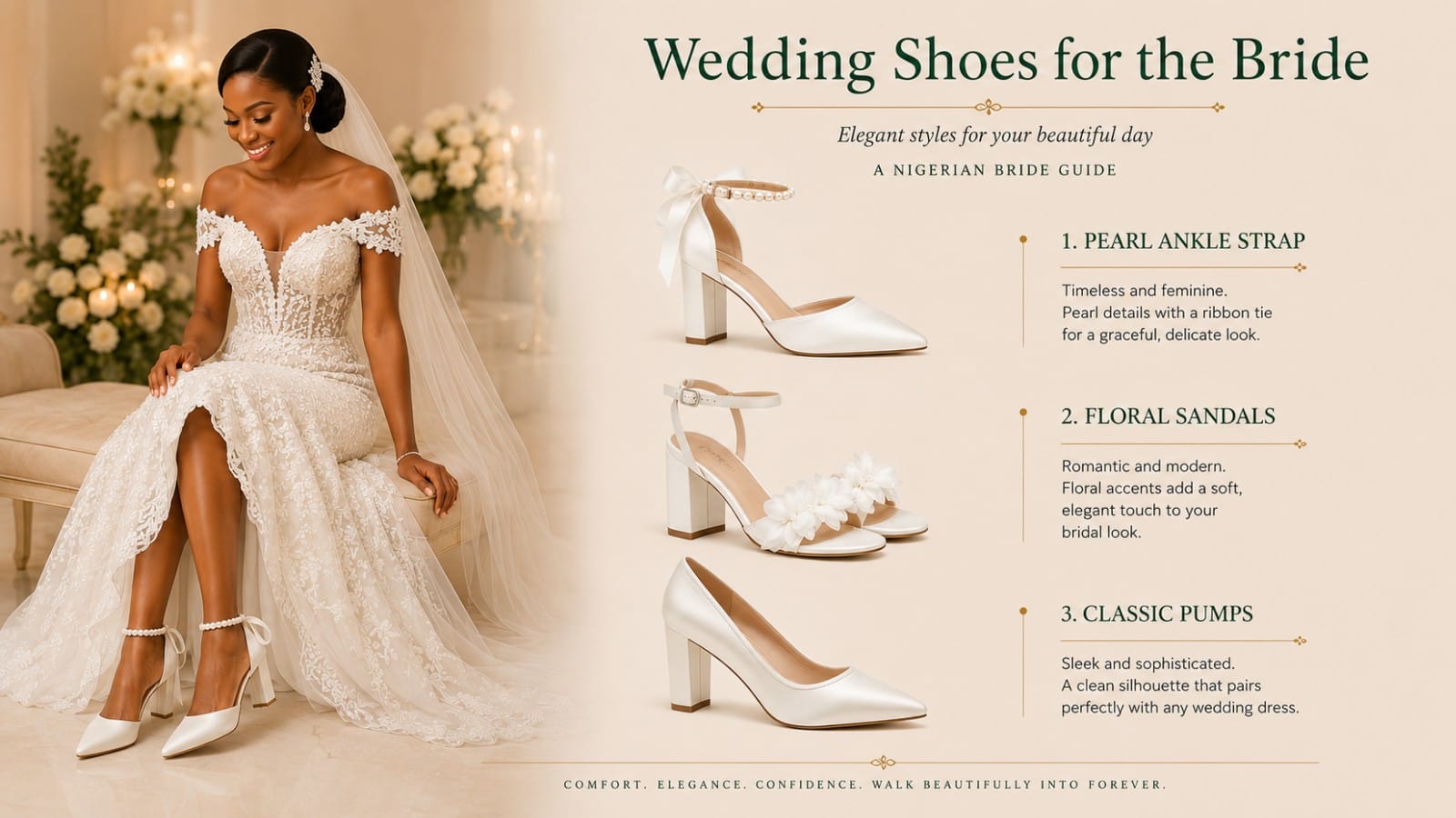Bride wedding shoe styles: pearl ankle strap, floral sandals and pumps - FAWOYE handmade shoes Nigeria